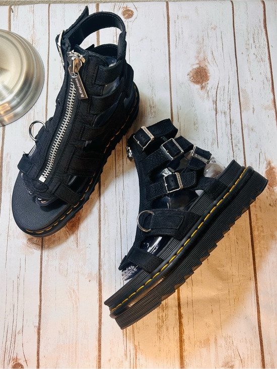 Dr. Martens Shoes - Dr. Martens Gladiator Sandals Olson Zip Front Black Leather Silver Accents